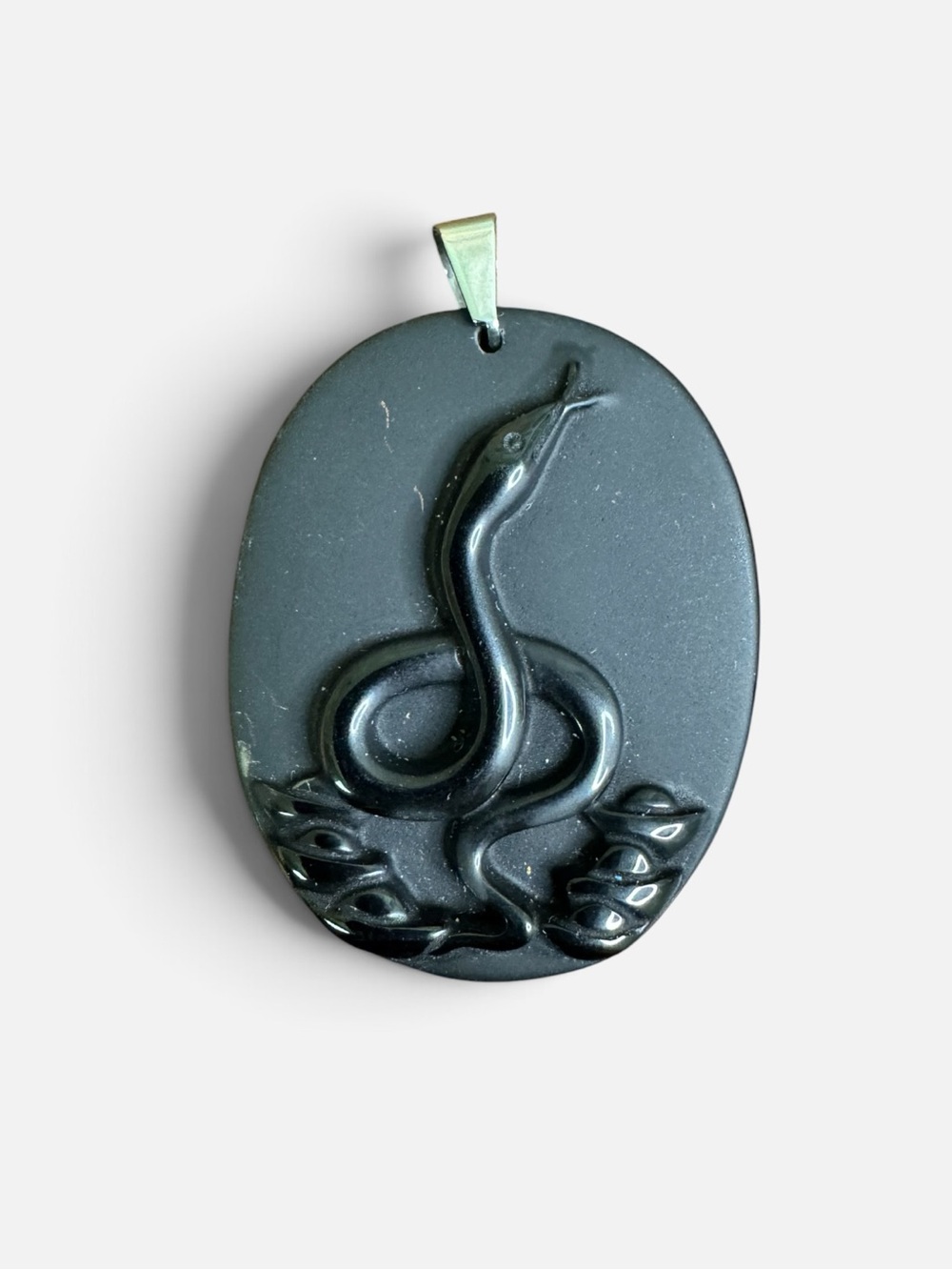 Black Obsidian Snake Oval Cameo Pendant Amulet Talisman Chinese Zodiac